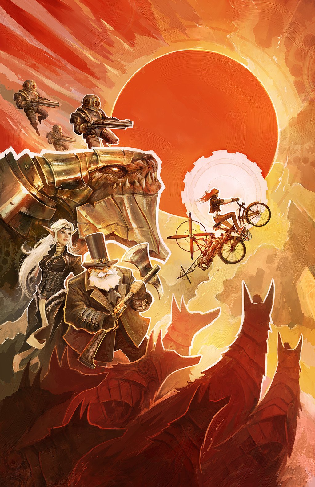 original, highres, 1boy, 2girls, 3others, alexandre chaudret, axe, beard, bicycle, diving suit, dog, facial hair, full beard, gears, goggles, goggles on head, gunaxe, hat, holding, holding axe, lapels, long hair, monster, multiple girls, multiple others, mustache, notched lapels, red hair, riding, riding bicycle, top hat, white beard, white hair