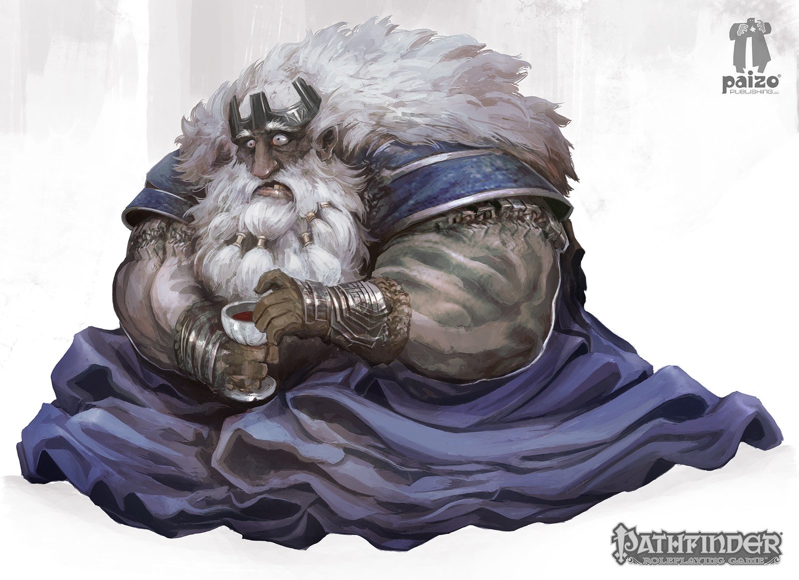 pathfinder, highres, 1boy, alexandre chaudret, chalice, colored skin, crown, cup, dwarf, fat, grey skin, hair rings, long hair, male focus, missing tooth, obese, sitting, solo, white hair