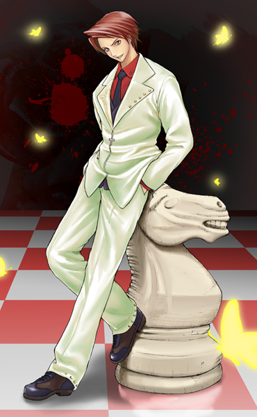ushiromiya battler, umineko no naku koro ni, 00s, 1boy, blood, blood splatter, bug, butterfly, checkered floor, chess piece, floor, formal clothes, hand in pocket, insect, male focus, necktie, perspective, red hair, shoes, solo, suit