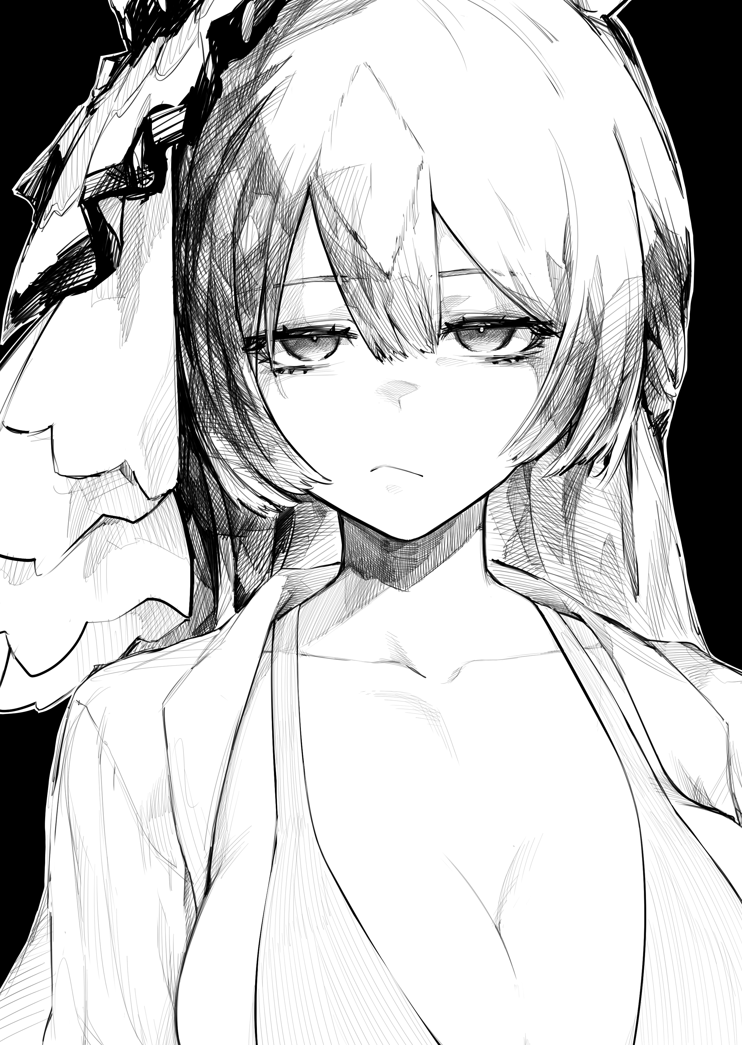 hasukurira, satono diamond (umamusume), umamusume, absurdres, highres, 1girl, animal ears, bikini, black background, breasts, cleavage, closed mouth, collared shirt, ear ornament, frown, greyscale, half updo, horse ears, horse girl, large breasts, long hair, monochrome, open clothes, open shirt, shirt, simple background, solo, swimsuit