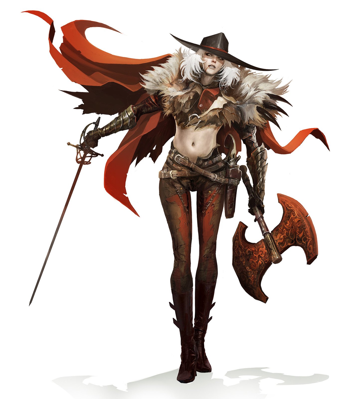 original, highres, 1girl, alexandre chaudret, axe, battle axe, cape, double-sided axe, full body, fur-trimmed cape, fur trim, hat, holding, holding axe, holding sword, holding weapon, medium hair, midriff, navel, parted lips, red cape, simple background, solo, sword, weapon, white background, white hair, wide brim
