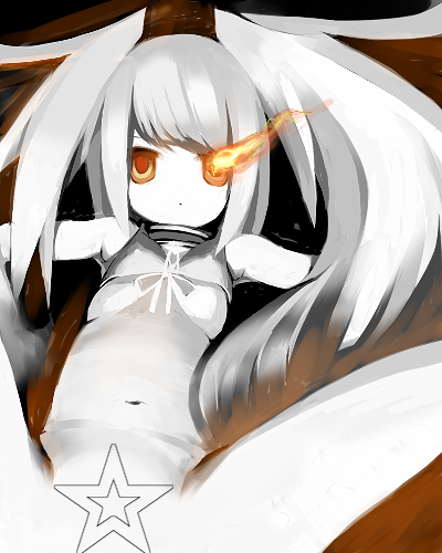 kyuu (pinpo), black rock shooter (character), black rock shooter, vocaloid, lowres, 10s, 1girl, bra, covered erect nipples, female focus, flat chest, lingerie, long hair, monochrome, no pants, red eyes, solo, spread legs, twintails, underwear