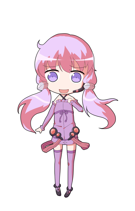 dairi, yuzuki yukari, voiceroid, commentary request, large variant set, variant set, 1girl, :d, black boots, boots, deformed, dress, flat chest, full body, hair tubes, hand up, long hair, long sleeves, looking at viewer, microdress, open clothes, open mouth, pink hair, purple dress, purple eyes, purple thighhighs, simple background, smile, solo, standing, straight-on, tachi-e, thighhighs, transparent background, zettai ryouiki