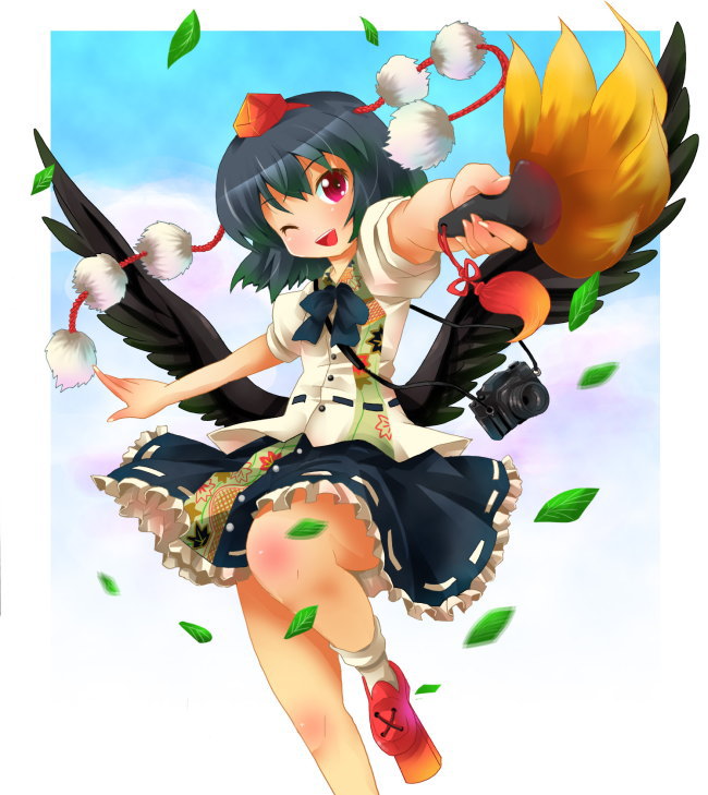 michii yuuki, shameimaru aya, touhou, 1girl, black wings, blush, female focus, geta, hat, looking at viewer, open mouth, smile, solo, tengu-geta, wings
