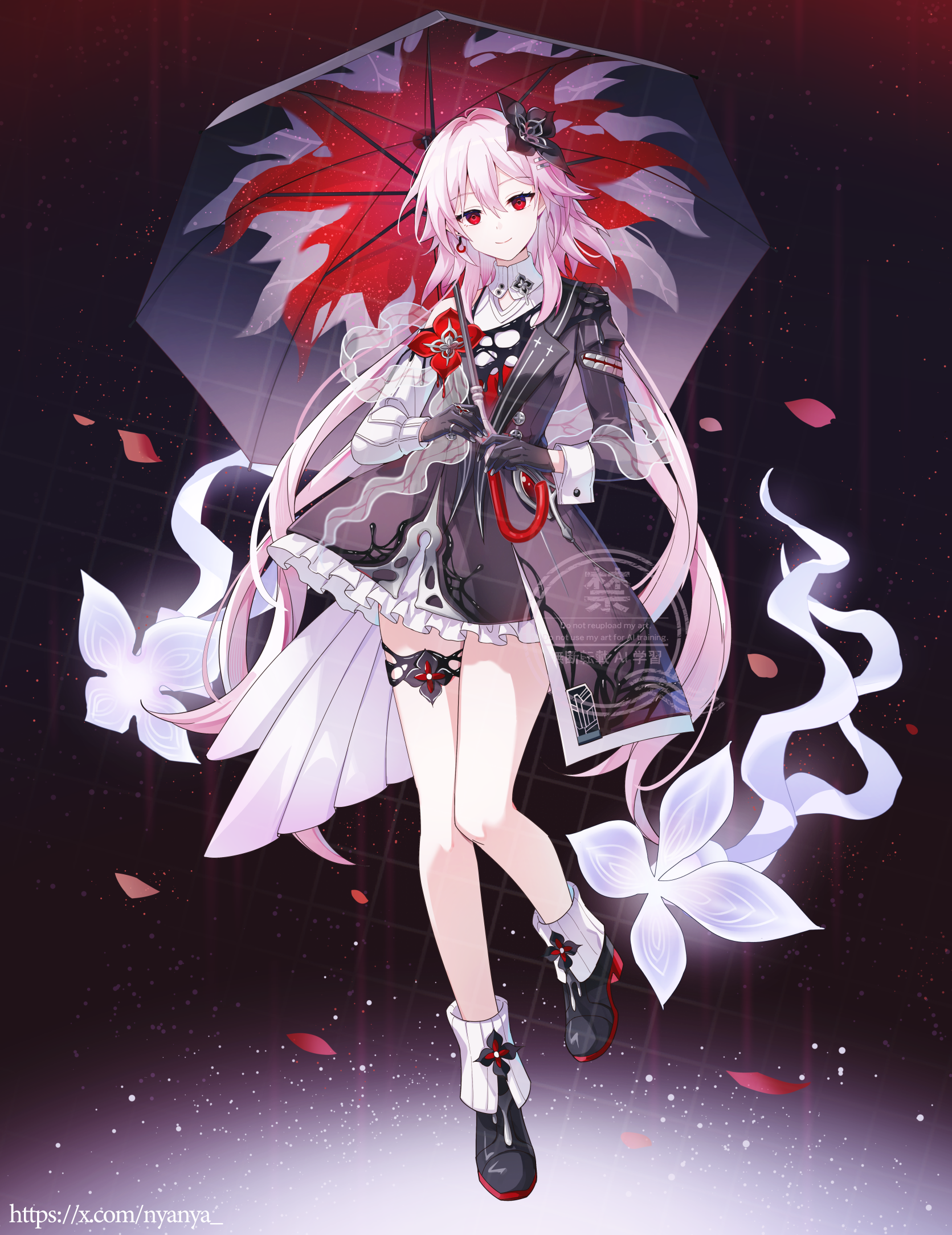 nyanya, evernight (honkai: star rail), march 7th (honkai: star rail), honkai: star rail, honkai (series), commentary, highres, 1girl, bare legs, black dress, black gloves, black shoes, dress, full body, gloves, hair ornament, holding, holding umbrella, long hair, long sleeves, looking at viewer, petticoat, pink hair, red eyes, shoes, smile, socks, solo, standing, standing on one leg, umbrella, very long hair, white socks