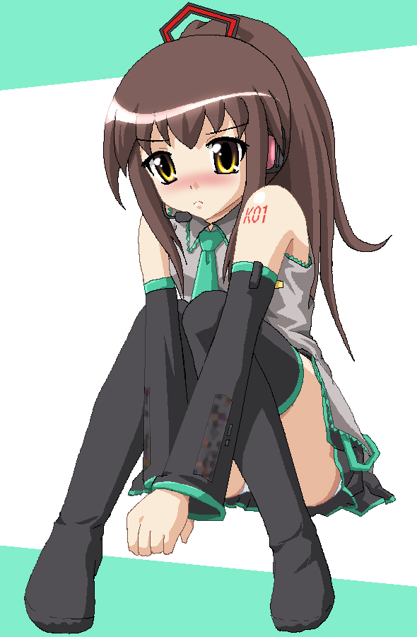 hayashiya zankurou, hatsune miku, kyonko, suzumiya haruhi no yuuutsu, vocaloid, 1girl, cosplay, crossover, female focus, full body, genderswap, genderswap (mtf), hatsune miku (cosplay), panties, ponytail, solo, thighhighs, underwear