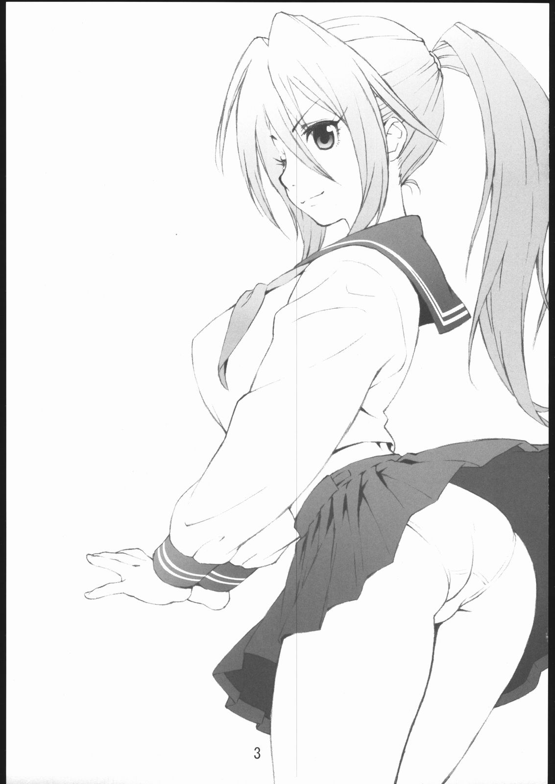 kitaooji satsuki, ichigo 100%, highres, 00s, ass, greyscale, monochrome, panties, ponytail, school uniform, serafuku, solo, underwear