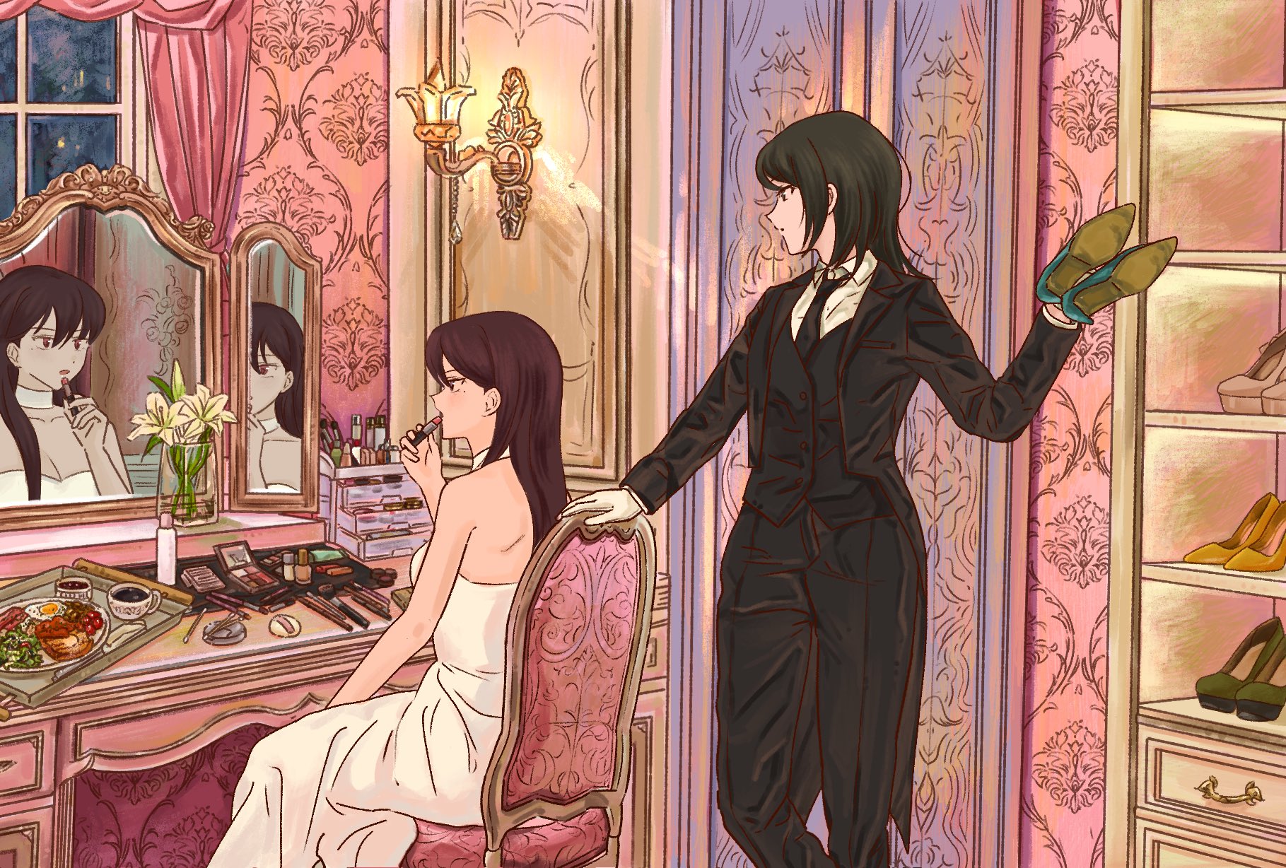 eoljukko, shiina taki, yahata umiri, bang dream!, bang dream! it's mygo!!!!!, highres, 2girls, applying lipstick, applying makeup, bare arms, bare shoulders, black hair, black jacket, black necktie, black pants, black suit, black vest, blue shoes, bread, bread slice, brown hair, collared shirt, compact (cosmetics), cosmetics, cotton swab, cup, dress, egg, flower, food, formal clothes, gloves, high heels, holding, holding lipstick tube, holding shoes, holding unworn clothes, jacket, lily (flower), lipstick tube, long hair, looking at another, makeup brush, makeup palette, mirror, mole, mole under eye, multiple girls, nail polish bottle, necktie, pants, plate, purple eyes, reflection, shirt, shoes, strapless, strapless dress, suit, teacup, toast, tray, tuxedo, unworn shoes, vest, waistcoat, white dress, white flower, white gloves, white shirt