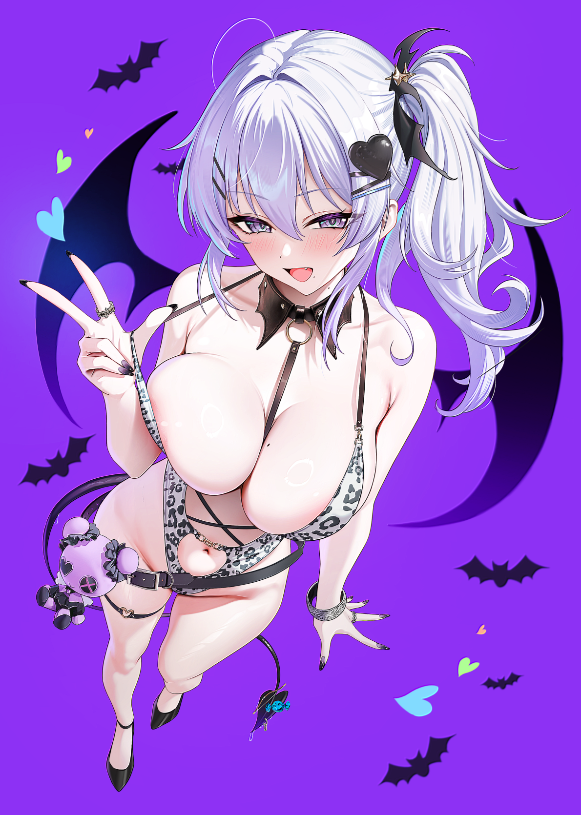 solar (happymonk), original, highres, 1girl, :d, areola slip, bare shoulders, blush, bracelet, breasts, clothing cutout, collarbone, demon tail, from above, full body, hair ornament, hairclip, hand up, heart, heart hair ornament, jewelry, large breasts, long hair, looking at viewer, mole, mole on neck, mole under mouth, navel, navel cutout, open mouth, purple background, purple eyes, purple nails, ring, side ponytail, simple background, smile, solo, standing, tail, thigh strap, thighs, white hair