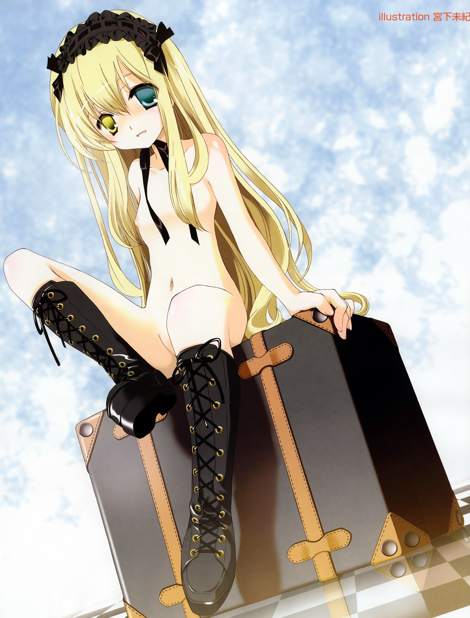 miyashita miki, highres, 1girl, aqua eyes, black boots, blonde hair, boots, censored, checkered floor, convenient censoring, convenient leg, female focus, flat chest, goth fashion, hairband, headband, heterochromia, loli, long hair, nipples, nude, sitting, solo, yellow eyes