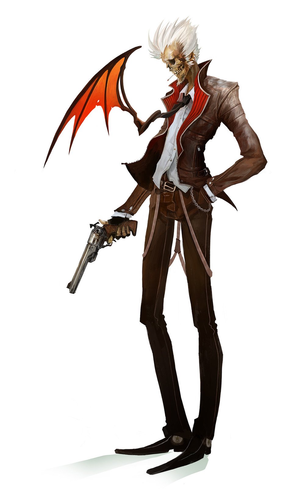 original, highres, 1boy, alexandre chaudret, black necktie, cigarette, dress shirt, gun, handgun, high collar, holding, holding gun, holding weapon, jacket, necktie, pointy shoes, revolver, shirt, shoes, skeleton, skull head, teeth, two-sided fabric, two-sided jacket, undead, weapon, winged clothes