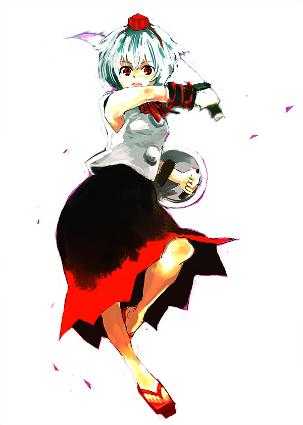 kuma (artist), kuma (crimsonvanilla), inubashiri momiji, touhou, 1girl, female focus, hat, red eyes, shield, solo, sword, weapon, wolf ears