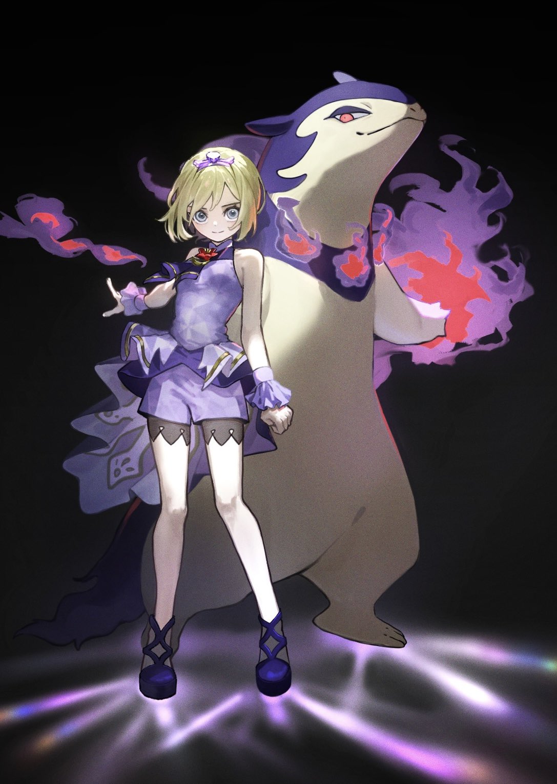 sora no87, hisuian typhlosion, irida (anniversary 2025) (pokemon), irida (pokemon), nintendo, pokemon, pokemon masters ex, commentary request, highres, 1girl, blonde hair, breasts, closed mouth, dress, fire, flower, hair between eyes, headband, looking at viewer, neckerchief, official alternate costume, pink fire, pokemon (creature), purple dress, purple fire, purple fur, purple headband, purple neckerchief, purple shorts, purple wrist cuffs, red eyes, short hair, shorts, shorts under dress, sleeveless, sleeveless dress, smile, wrist cuffs