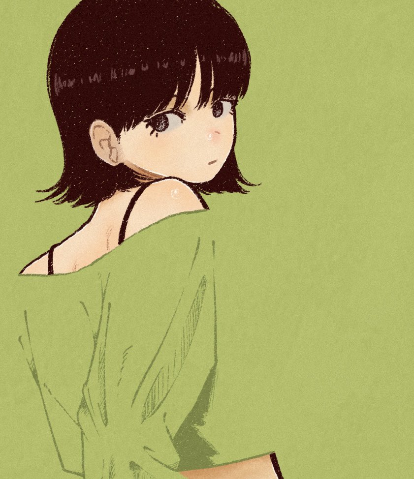 syooooyoooo, original, 1girl, black camisole, black eyes, blush, brown hair, camisole, from behind, green background, looking at viewer, looking back, off-shoulder shirt, off shoulder, shirt, simple background, solo, string, upper body