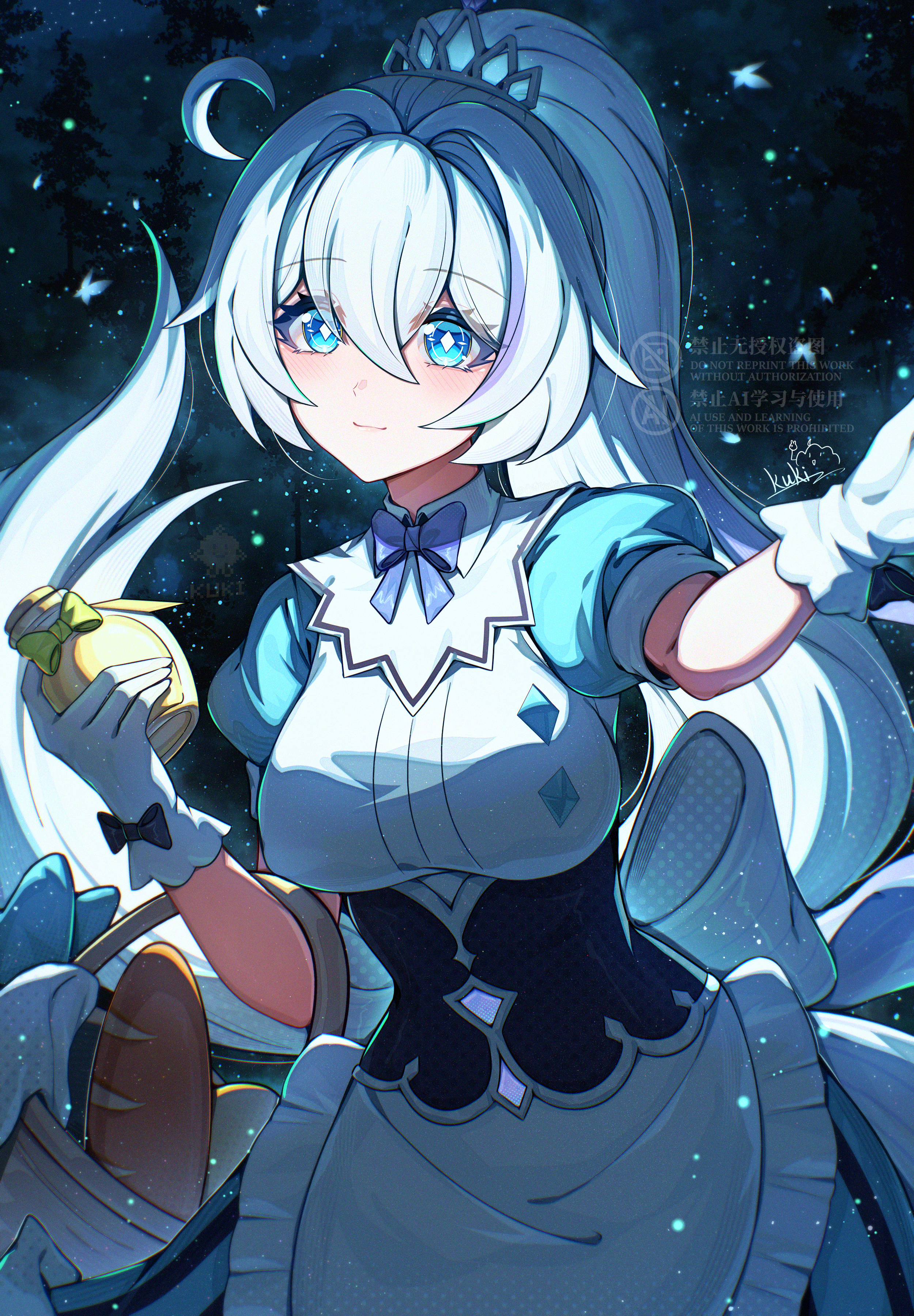 cutescookie, kiana kaslana, kiana kaslana (herrscher of flamescion), honkai (series), honkai impact 3rd, absurdres, chinese commentary, commentary request, highres, 1girl, ahoge, alternate costume, apron, baguette, basket, blue bow, blue bowtie, blue butterfly, blue dress, blue eyes, bow, bowtie, bread, breasts, bug, butterfly, chinese text, crosshair pupils, diamond-shaped pupils, diamond (shape), dress, english text, food, gloves, green bow, green bowtie, holding, holding basket, insect, large breasts, long hair, maid apron, night, night sky, puffy short sleeves, puffy sleeves, short sleeves, sky, smile, solo, star (sky), starry sky, symbol-shaped pupils, tiara, very long hair, white apron, white bow, white bowtie, white gloves