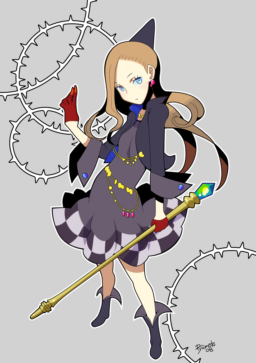 hamamoto ryuusuke, original, highres, blue eyes, brown hair, dress, earrings, forehead, gloves, jewelry, long hair, solo, staff