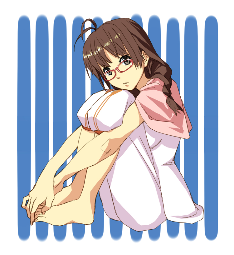 goe, akizuki ritsuko, idolmaster, idolmaster (classic), idolmaster 1, bad id, bad pixiv id, 00s, 1girl, ahoge, antenna hair, barefoot, braid, brown hair, feet, female focus, glasses, hands on feet, hugging own legs, knees to chest, pajamas, solo, twin braids