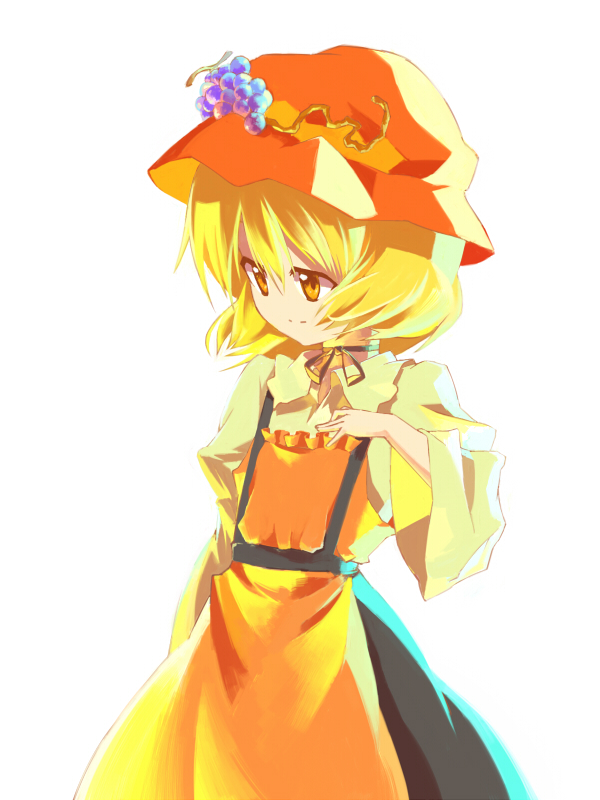 sawayaka samehada, aki minoriko, touhou, bad id, bad pixiv id, 1girl, blonde hair, female focus, hat, ribbon, short hair, simple background, solo, standing, white background