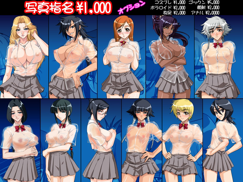 kagami hirotaka, inoue orihime, ise nanao, kotetsu isane, kotetsu kiyone, kuchiki rukia, kurotsuchi nemu, matsumoto rangiku, shiba kuukaku, shihouin yoruichi, sui-feng, unohana retsu, bleach, silver hair, 00s, 6+girls, black hair, blonde hair, blue eyes, blush, bow, braid, breast suppress, breasts, cleavage, contrapposto, covered erect nipples, crossed arms, dark-skinned female, dark skin, everyone, female focus, glasses, hair ribbon, hand on own hip, hip focus, large breasts, lineup, long hair, looking back, medium breasts, mole, mole under mouth, multiple girls, navel, nipples, no bra, open mouth, orange hair, ribbon, school uniform, see-through clothes, serafuku, short hair, short hair with long locks, single braid, skirt, standing, twintails, very short hair, yellow eyes