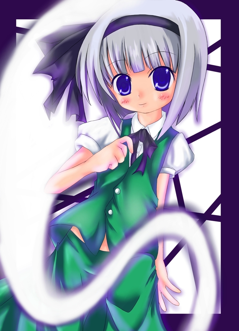 emina, konpaku youmu, konpaku youmu (ghost), touhou, 1girl, female focus, ghost, hitodama, ribbon, school uniform, serafuku, short hair, solo, white hair