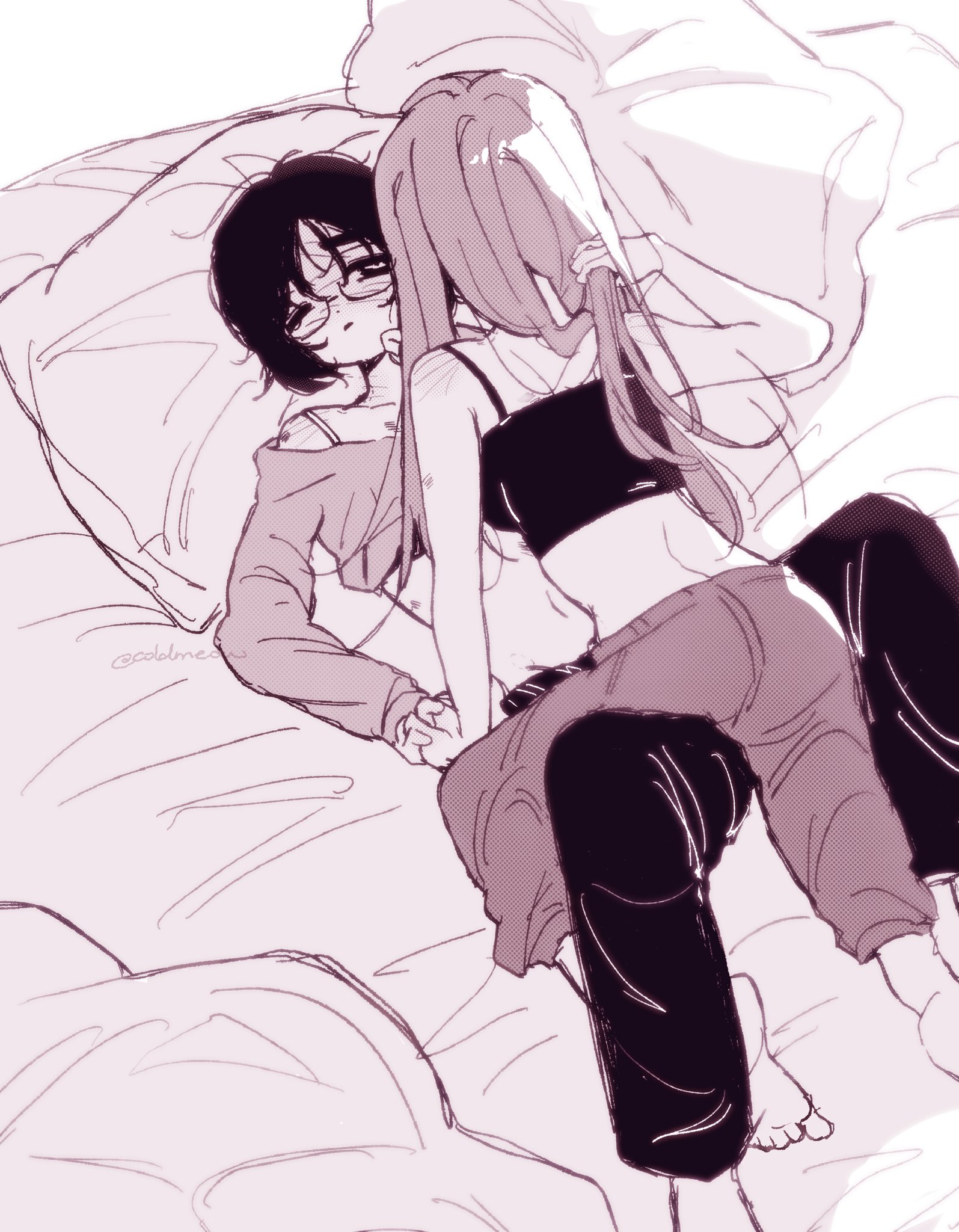 coldmeow, mizi (alien stage), sua (alien stage), alien stage, commentary, highres, 2girls, barefoot, blush, camisole, crop top, glasses, greyscale, hickey, holding hands, interlocked fingers, long hair, monochrome, multiple girls, on bed, one eye closed, pants, parted lips, pillow, short hair, yuri