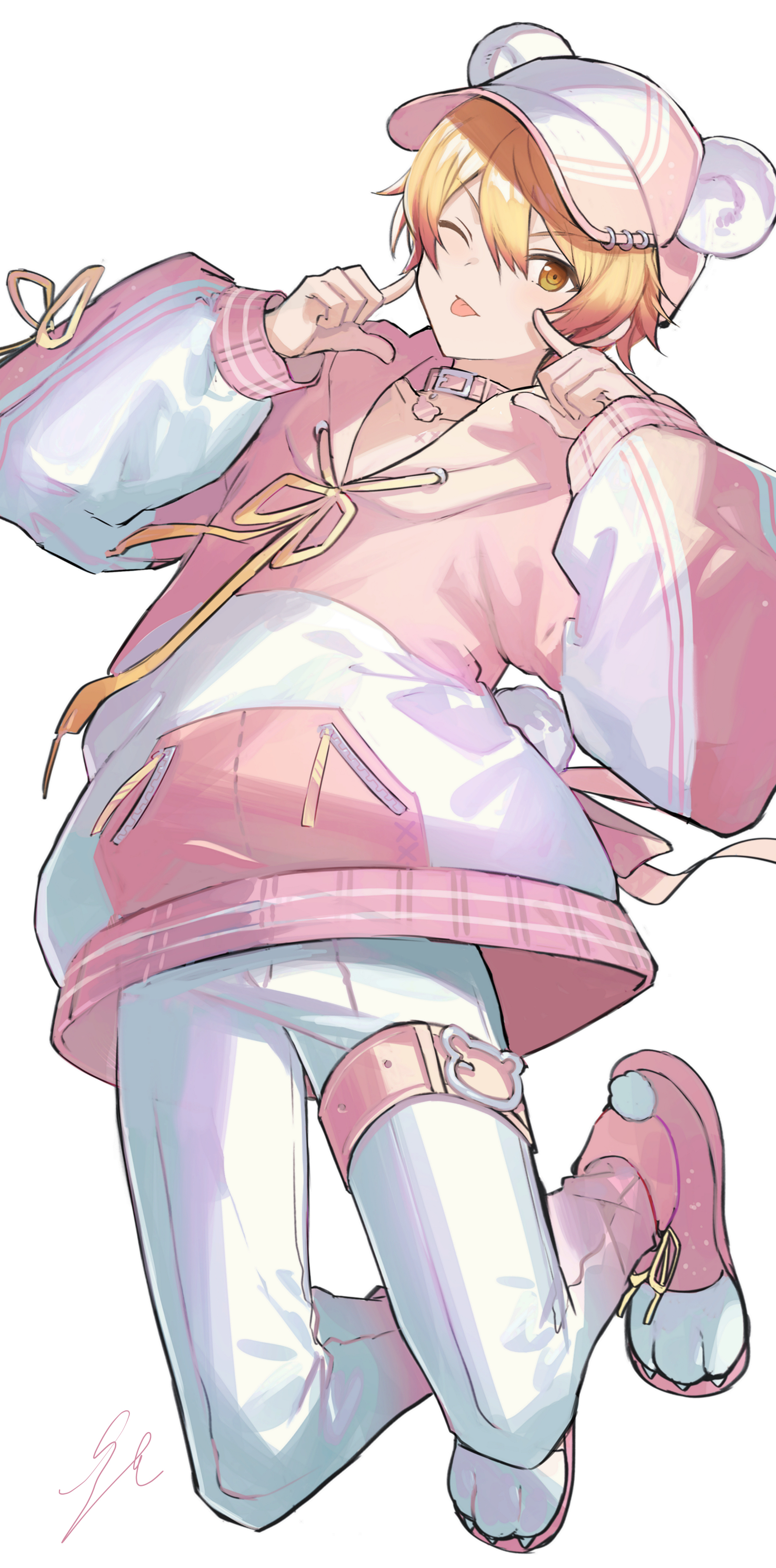hayama eishi, tenma tsukasa, project sekai, absurdres, commentary request, highres, 1boy, animal ears, animal hat, baseball cap, blonde hair, brown eyes, closed mouth, collar, collarbone, fake animal ears, fingers to cheeks, hair between eyes, hands up, hat, hood, hood down, hoodie, looking at viewer, male focus, one eye closed, pants, paw shoes, pink collar, pink hat, pink hoodie, pink shoes, shoes, simple background, solo, tongue, tongue out, white background, white pants