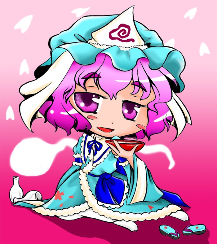 kurokami kinpatsu, saigyouji yuyuko, touhou, bad id, bad pixiv id, 1girl, chibi, dress, drink, female focus, full body, ghost, gradient background, hat, japanese clothes, kimono, pink hair, ribbon, short hair, solo