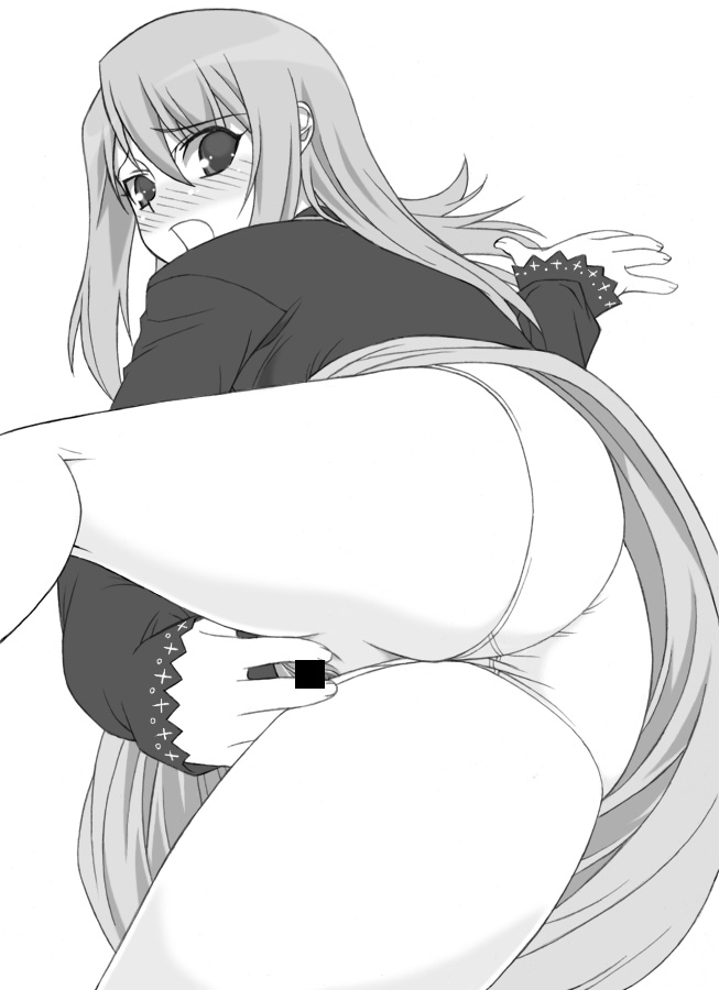 shichimenchou, illyasviel von einzbern, fate/stay night, fate (series), 00s, 1girl, ass, blush, censored, female focus, female masturbation, greyscale, loli, long hair, masturbation, monochrome, panties, pussy, skirt, solo, underwear, upskirt, white background