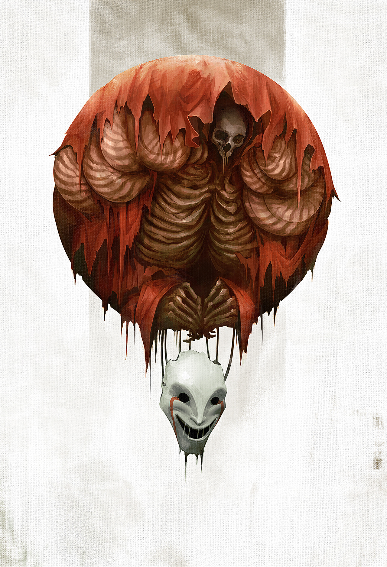 original, highres, painting (medium), traditional media, alexandre chaudret, circle, cloth, creature, evil smile, floating, mask, rags, ribs, skeleton, skull, smile, white background