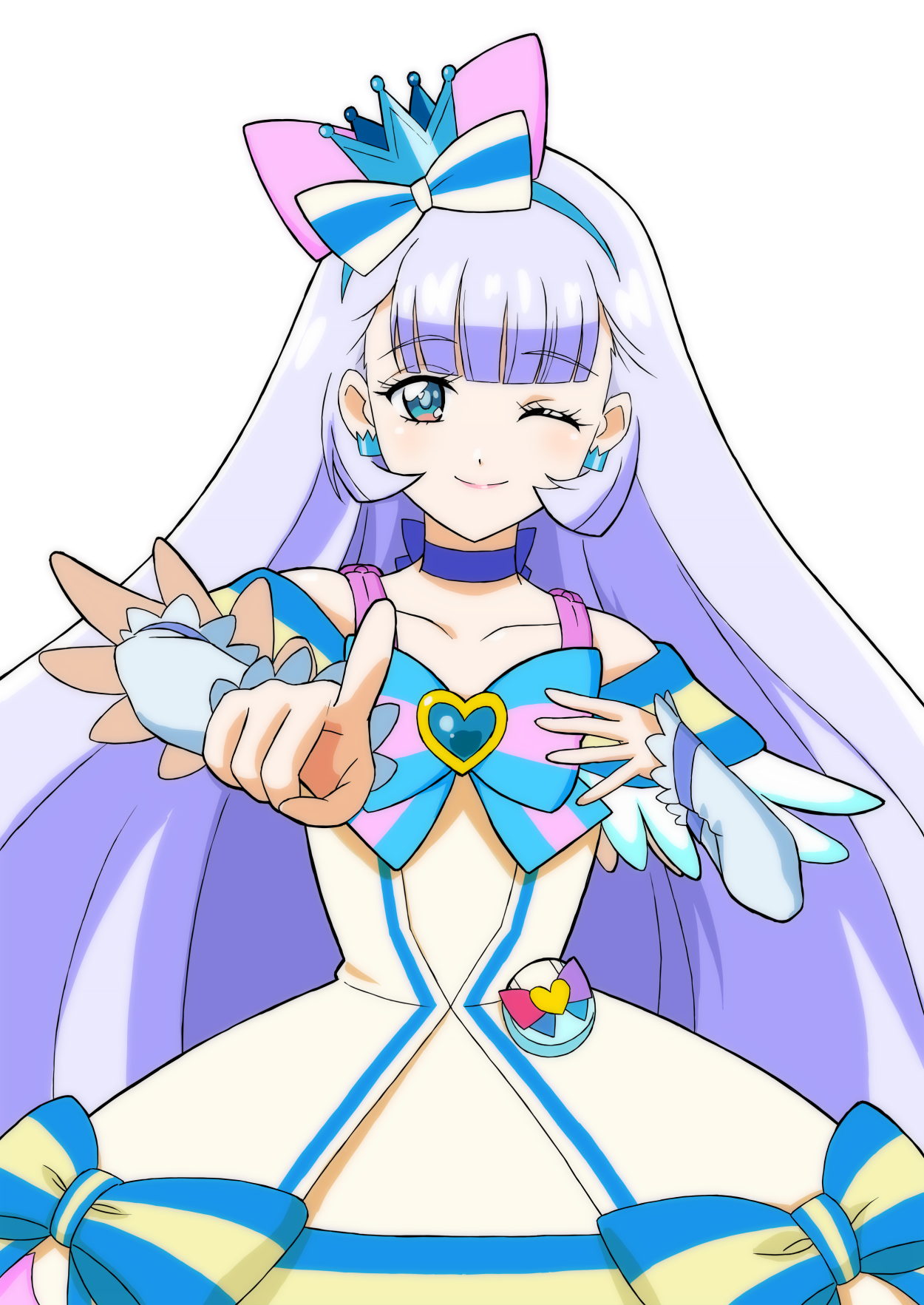 macla, cure nyammy, nekoyashiki yuki, precure, wonderful precure!, commentary, highres, 1girl, ;), animal ear hairband, animal ears, arm warmers, bare shoulders, blue choker, blue crown, blue eyes, blue hair, blue hairband, blush, bow, brooch, cat ear hairband, cat ears, chest bow, choker, closed mouth, collarbone, crown, crown earrings, dress, dress bow, earrings, fake animal ears, hair bow, hairband, hand on own chest, heart, heart brooch, index finger raised, jewelry, lips, long hair, looking at viewer, magical girl, medium dress, mini crown, one eye closed, pact holder, pink lips, pointing, pointing at viewer, pouch, shiny cats pact, simple background, smile, solo, striped bow, very long hair, white arm warmers, white background, white dress