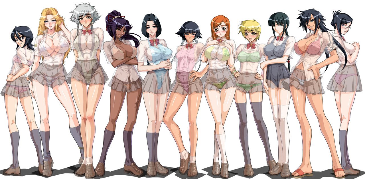 kagami hirotaka, inoue orihime, ise nanao, kotetsu isane, kotetsu kiyone, kuchiki rukia, kurotsuchi nemu, matsumoto rangiku, shiba kuukaku, shihouin yoruichi, sui-feng, unohana retsu, bleach, silver hair, 00s, 6+girls, ass, bikini, black hair, blonde hair, blue hair, blush, bra, braid, breasts, cleavage, contrapposto, crossed arms, crossed legs, everyone, female focus, front braid, front ponytail, full body, hand on own hip, high ponytail, large breasts, lineup, long hair, long legs, looking at viewer, looking back, lowleg, lowleg bikini, mature female, medium breasts, microskirt, miniskirt, mole, mole under mouth, multiple girls, one-piece swimsuit, orange hair, panties, pleated skirt, ponytail, purple hair, school uniform, see-through clothes, shoes, short hair, short hair with long locks, side ponytail, simple background, single braid, skirt, socks, standing, swimsuit, thighhighs, underwear, very short hair, watson cross, white background