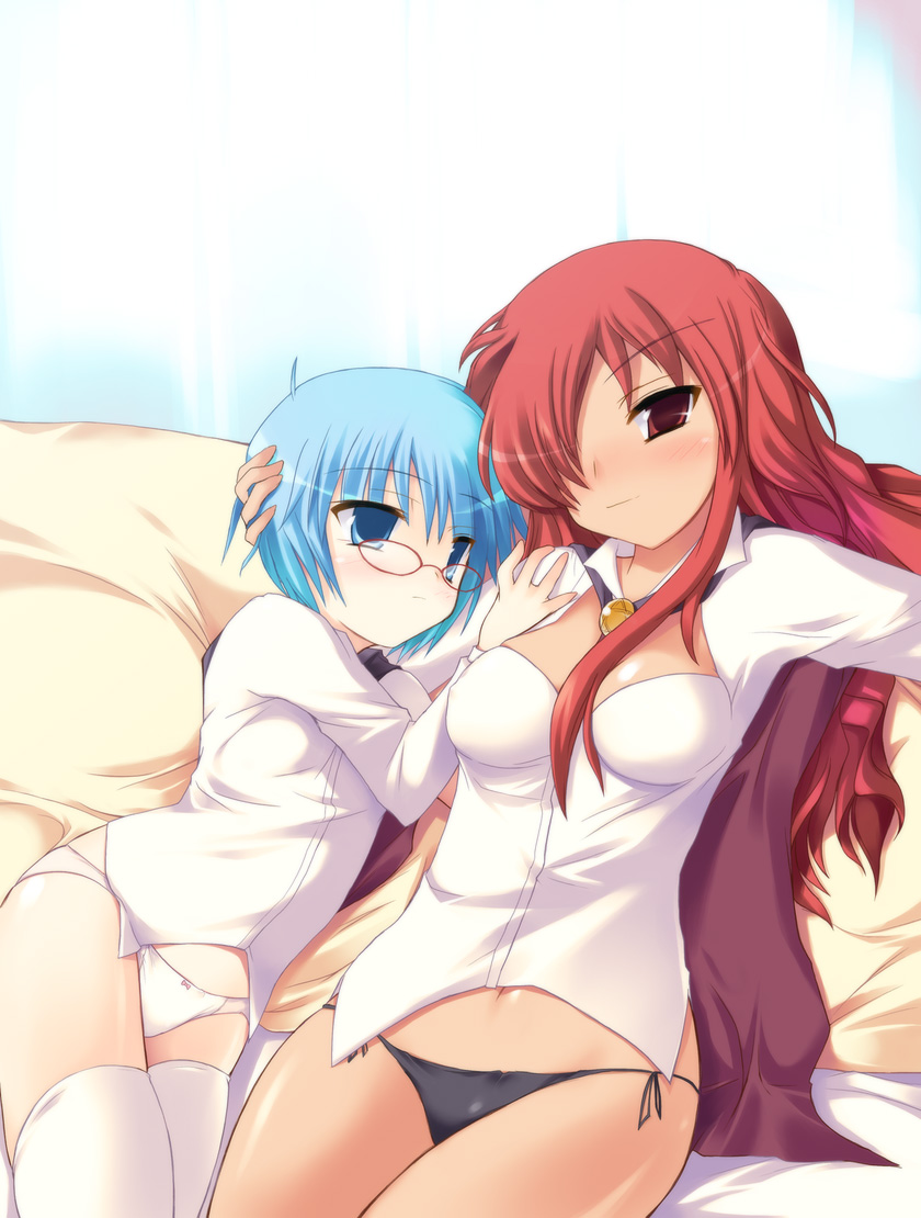 safi, kirche augusta frederica von anhalt zerbst, tabitha (zero no tsukaima), zero no tsukaima, 00s, 2girls, blue eyes, blue hair, glasses, hair over one eye, long hair, multiple girls, no pants, panties, red eyes, red hair, short hair, thighhighs, underwear