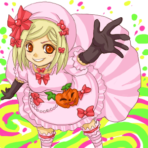 yoshiro (446), lambdadelta, umineko no naku koro ni, lowres, md5 mismatch, 00s, 1girl, arm up, bad anatomy, black gloves, blonde hair, bow, dress, elbow gloves, female focus, gloves, grin, hair bow, hat, jack-o'-lantern, multiple hair bows, orange eyes, pink dress, pink hat, poorly drawn, pumpkin, ribbon, short hair, smile, solo, striped clothes, striped thighhighs, thighhighs