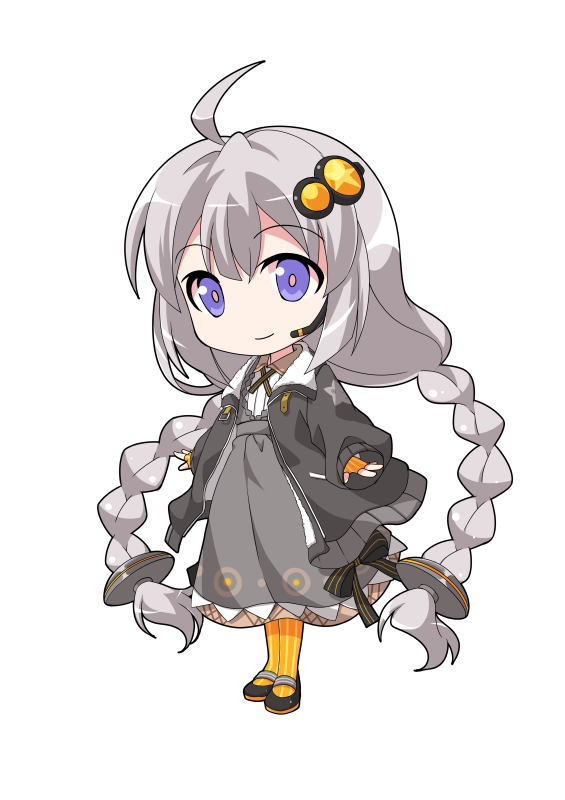 dairi, kizuna akari, voiceroid, commentary request, large variant set, variant set, 1girl, ahoge, arms at sides, black jacket, black shoes, braid, chibi, chibi only, collared dress, dress, fingerless gloves, flat chest, full body, gloves, grey dress, hair between eyes, hair ornament, high heels, jacket, long hair, long sleeves, mary janes, microphone, open clothes, open jacket, orange gloves, orange pantyhose, pantyhose, shoes, simple background, solo, standing, star (symbol), star print, striped clothes, striped gloves, striped pantyhose, tachi-e, transparent background, twin braids, vertical-striped clothes, vertical-striped gloves, vertical-striped pantyhose, very long hair, white hair