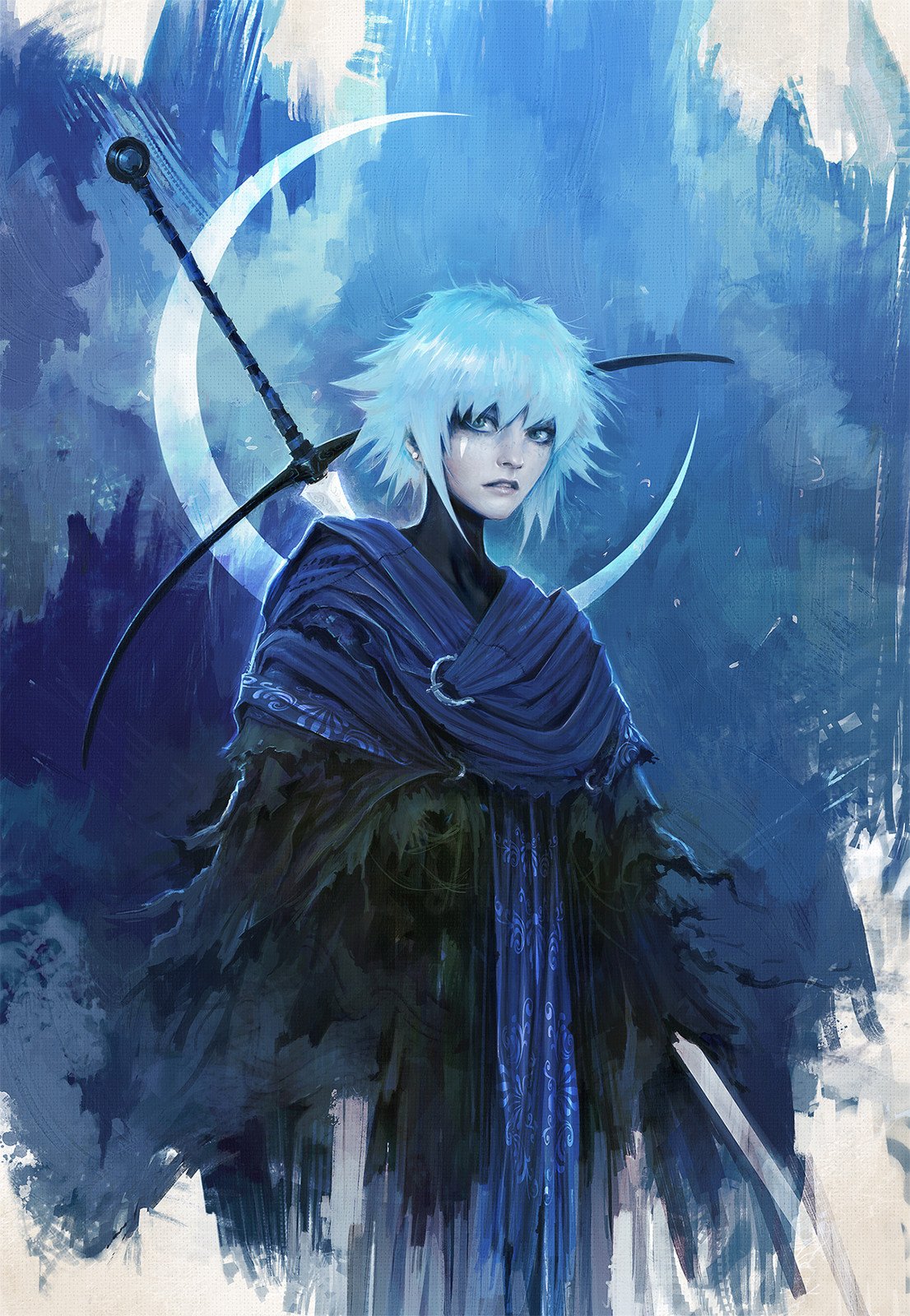original, highres, painting (medium), traditional media, 1girl, alexandre chaudret, blue hair, crescent, pale skin, robe, short hair, solo, sword, sword on back, upper body, weapon, weapon on back