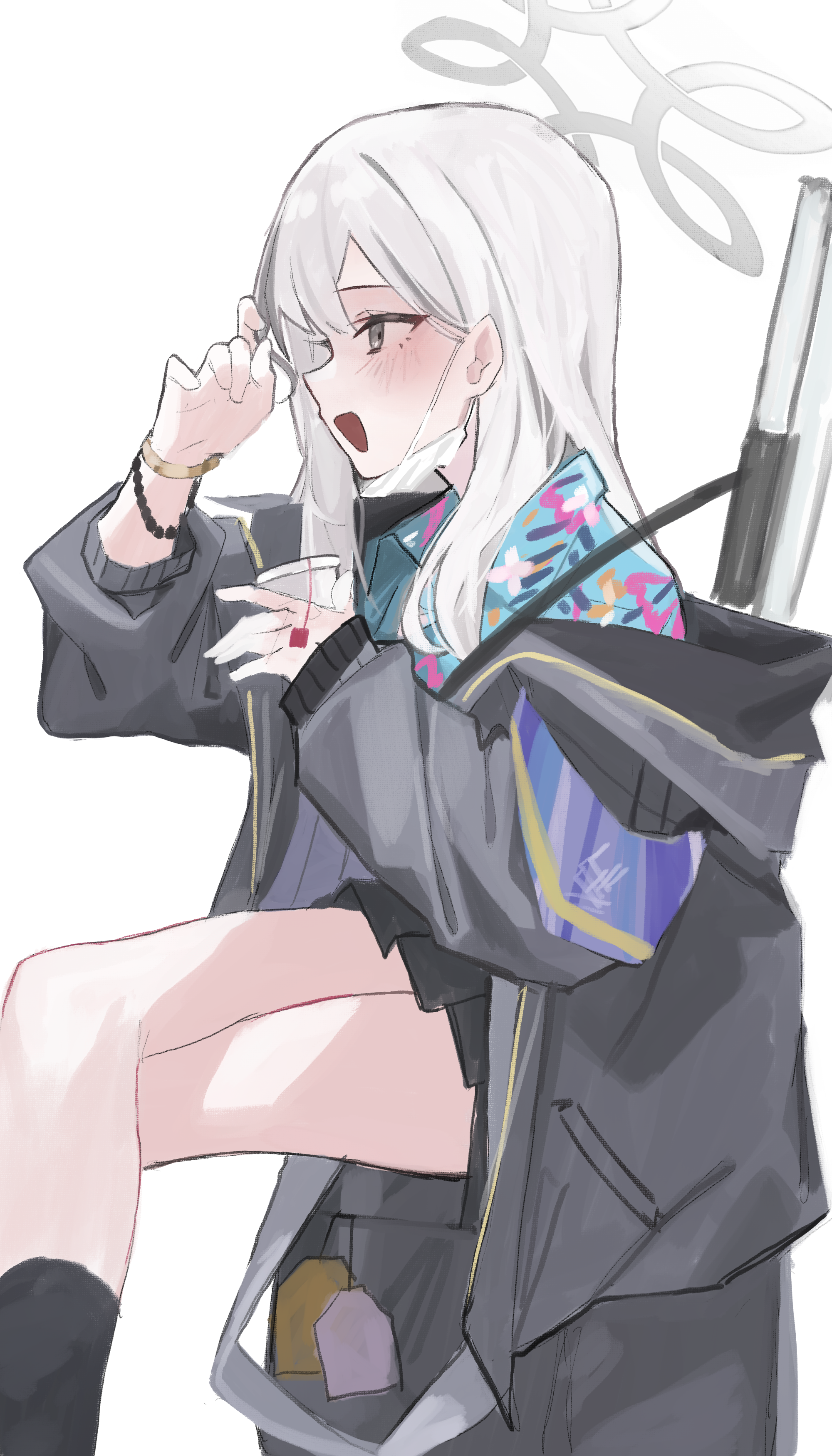 ka keo, konoka (blue archive), blue archive, absurdres, highres, 1girl, :d, black skirt, black socks, blue shirt, blush, bracelet, collared shirt, crossed legs, cup, feet out of frame, from side, grey eyes, grey hair, grey halo, grey jacket, gun, halo, hands up, hawaiian shirt, holding, holding cup, jacket, jewelry, long hair, long sleeves, looking ahead, mask, mask pull, mouth mask, open mouth, pleated skirt, profile, shirt, simple background, skirt, smile, socks, solo, tsurime, weapon, white background, white mask