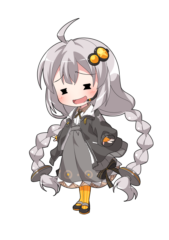 dairi, kizuna akari, voiceroid, commentary request, large variant set, variant set, 1girl, ahoge, arms at sides, black jacket, black shoes, braid, chibi, chibi only, collared dress, dress, fingerless gloves, flat chest, full body, gloves, grey dress, hair between eyes, hair ornament, high heels, jacket, long hair, long sleeves, mary janes, microphone, open clothes, open jacket, orange gloves, orange pantyhose, pantyhose, shoes, simple background, solo, standing, star (symbol), star print, striped clothes, striped gloves, striped pantyhose, tachi-e, transparent background, twin braids, vertical-striped clothes, vertical-striped gloves, vertical-striped pantyhose, very long hair, white hair