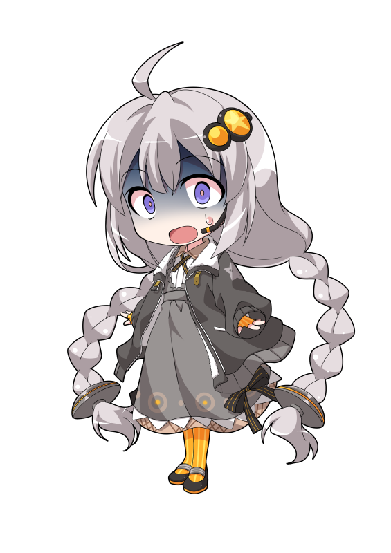 dairi, kizuna akari, voiceroid, commentary request, large variant set, variant set, 1girl, ahoge, arms at sides, black jacket, black shoes, braid, chibi, chibi only, collared dress, dress, fingerless gloves, flat chest, full body, gloves, grey dress, hair between eyes, hair ornament, high heels, jacket, long hair, long sleeves, mary janes, microphone, open clothes, open jacket, orange gloves, orange pantyhose, pantyhose, shoes, simple background, solo, standing, star (symbol), star print, striped clothes, striped gloves, striped pantyhose, tachi-e, transparent background, twin braids, vertical-striped clothes, vertical-striped gloves, vertical-striped pantyhose, very long hair, white hair