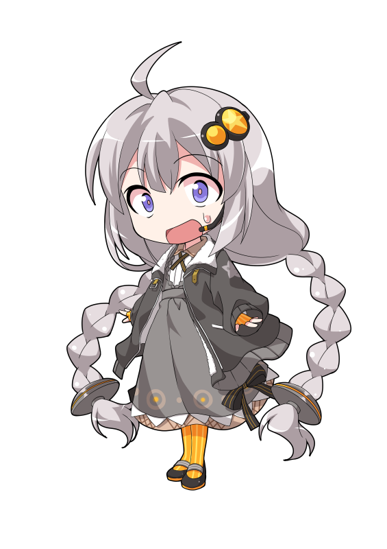 dairi, kizuna akari, voiceroid, commentary request, large variant set, variant set, 1girl, ahoge, arms at sides, black jacket, black shoes, braid, chibi, chibi only, collared dress, dress, fingerless gloves, flat chest, full body, gloves, grey dress, hair between eyes, hair ornament, high heels, jacket, long hair, long sleeves, mary janes, microphone, open clothes, open jacket, orange gloves, orange pantyhose, pantyhose, shoes, simple background, solo, standing, star (symbol), star print, striped clothes, striped gloves, striped pantyhose, tachi-e, transparent background, twin braids, vertical-striped clothes, vertical-striped gloves, vertical-striped pantyhose, very long hair, white hair