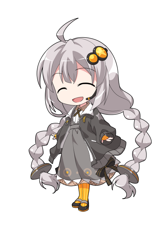 dairi, kizuna akari, voiceroid, commentary request, large variant set, variant set, 1girl, ahoge, arms at sides, black jacket, black shoes, braid, chibi, chibi only, collared dress, dress, fingerless gloves, flat chest, full body, gloves, grey dress, hair between eyes, hair ornament, high heels, jacket, long hair, long sleeves, mary janes, microphone, open clothes, open jacket, orange gloves, orange pantyhose, pantyhose, shoes, simple background, solo, standing, star (symbol), star print, striped clothes, striped gloves, striped pantyhose, tachi-e, transparent background, twin braids, vertical-striped clothes, vertical-striped gloves, vertical-striped pantyhose, very long hair, white hair