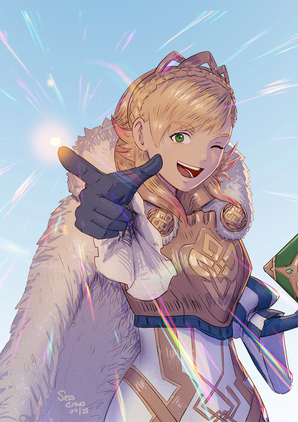 sessdraws, sharena (fire emblem), sharena (hopeful princess) (fire emblem), fire emblem, fire emblem heroes, nintendo, highres, 1girl, armor, blonde hair, blue gloves, book, braid, breastplate, cape, crown braid, fur cape, gloves, gold trim, gradient hair, green eyes, holding, holding book, long hair, looking at viewer, magic, multicolored hair, official alternate costume, one eye closed, open mouth, pink hair, puffy sleeves, smile, solo, tiara, two-tone hair, upper body