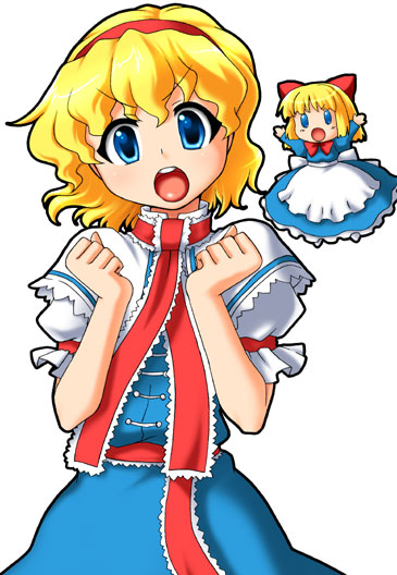 manjiduka, alice margatroid, touhou, 1girl, belt, blonde hair, blue dress, blue eyes, clenched hands, doll, dress, female focus, flying, looking at viewer, necktie, red necktie, simple background, size difference, solo, white background