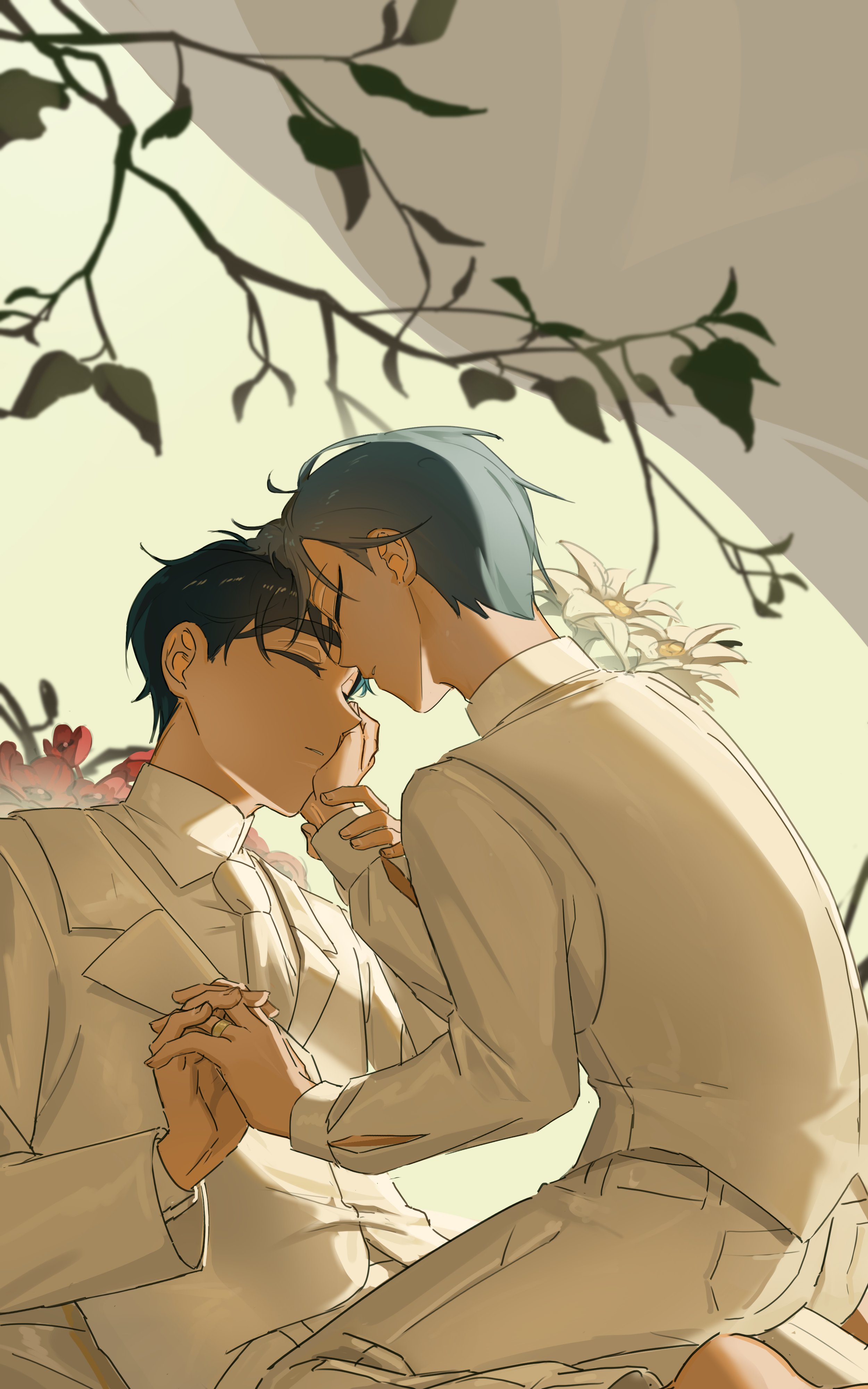 ivan (alien stage), till (alien stage), alien stage, absurdres, commentary, english commentary, highres, 2boys, anemone (flower), black hair, closed eyes, collared shirt, edelweiss (flower), flower, grey hair, hand on another's face, holding another's wrist, jacket, kuradrawings, male focus, multiple boys, necktie, plant, red flower, shirt, short hair, sitting, very short hair, vines, white flower, white jacket, white necktie, white shirt, yaoi