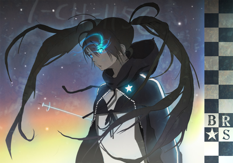 tashiro hokekyo, black rock shooter (character), black rock shooter, vocaloid, bad id, bad pixiv id, 10s, 1girl, black hair, blue eyes, female focus, long hair, midriff, solo, twintails
