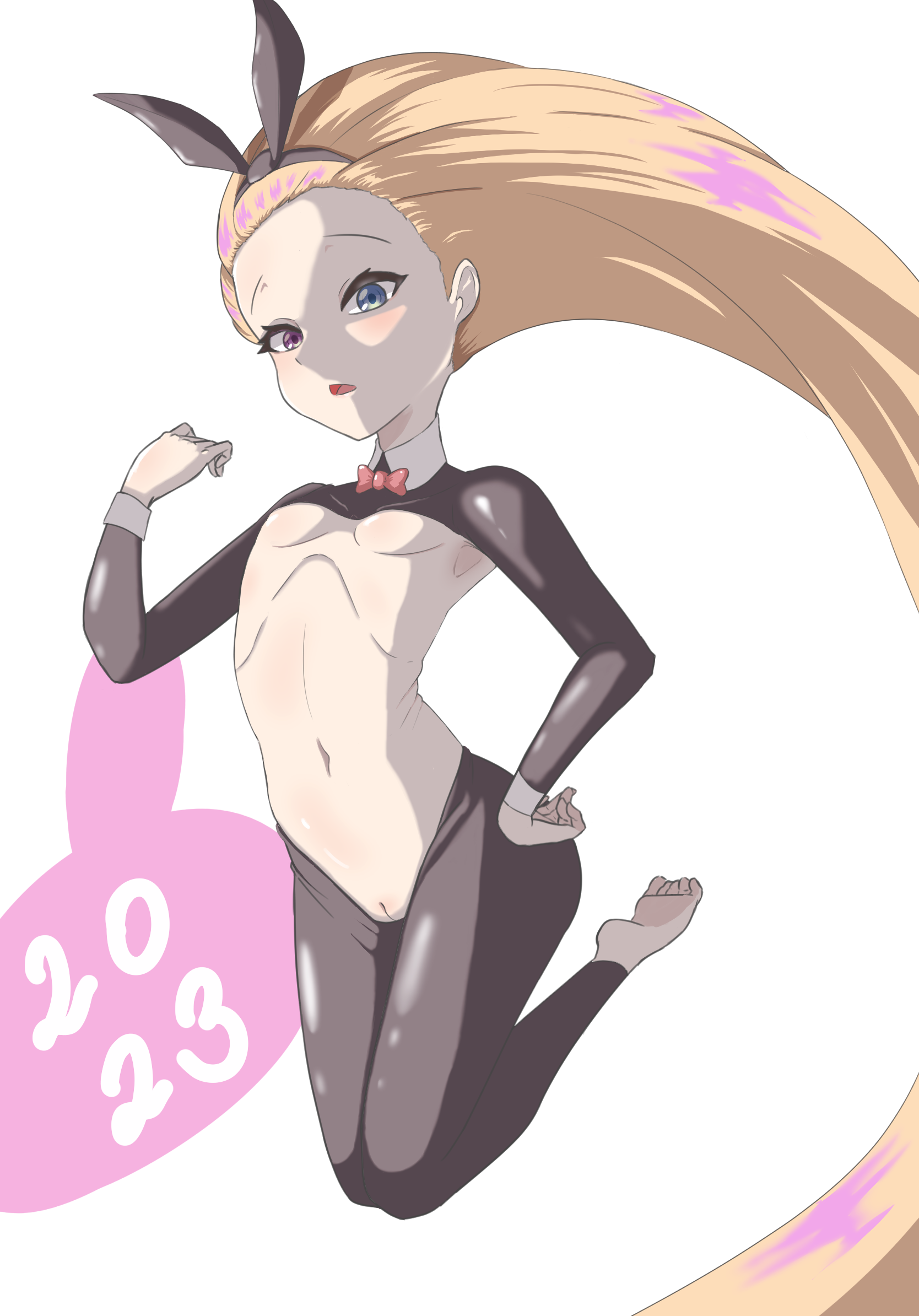 moom yk, zoe (league of legends), league of legends, 1girl, alternate costume, animal ears, arched back, barefoot, black shrug, black thighhighs, blue eyes, breasts, cleft of venus, dot nose, expressionless, eyelashes, fake animal ears, feet up, female focus, floating, full body, hand on own hip, hand up, heterochromia, leotard, long hair, long sleeves, looking at viewer, multicolored hair, navel, open mouth, orange hair, pink hair, playboy bunny, purple eyes, pussy, rabbit ears, reverse bunnysuit, reverse outfit, shrug (clothing), simple background, small breasts, solo, thighhighs, two-tone hair, uncensored, very long hair, white background