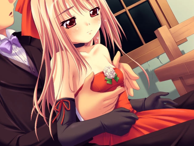nonohara miki, ricotte, ricotte ~alpenbul no utahime~, game cg, 1boy, 1girl, blonde hair, blush, breasts, choker, dress, elbow gloves, flat chest, flower, formal clothes, gloves, groping, loli, long hair, red eyes, ribbon, small breasts, strapless, strapless dress, suit