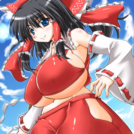 fujihara shuu, fujiwara aki, hakurei reimu, touhou, md5 mismatch, 1girl, bad anatomy, black hair, breasts, female focus, hair ribbon, huge breasts, poorly drawn, ribbon, solo, underboob