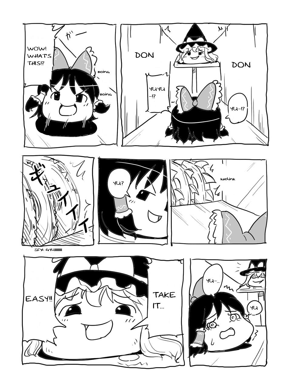 hakurei reimu, kirisame marisa, yukkuri marisa, yukkuri reimu, touhou, hard-translated, highres, third-party edit, translated, comic, english text, female focus, greyscale, monochrome, no humans, yukkuri shiteitte ne
