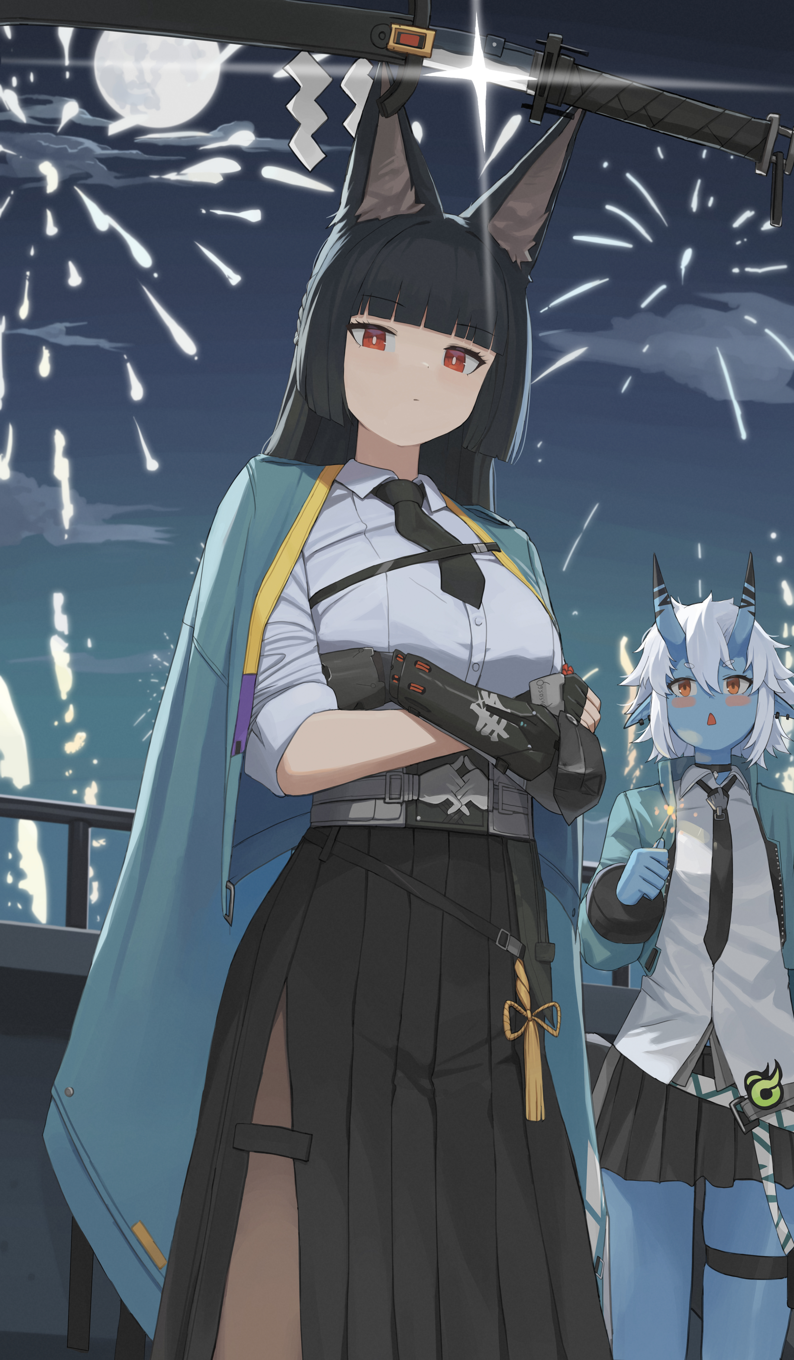dolri, hoshimi miyabi, soukaku (zenless zone zero), zenless zone zero, absurdres, highres, 2girls, aerial fireworks, animal ears, aqua jacket, black choker, black hair, black necktie, black skirt, blue oni, blush, chestnut mouth, choker, closed mouth, cloud, crossed arms, crossed legs, dot mouth, fireworks, fox ears, fox girl, full moon, hair between horns, jacket, looking at viewer, moon, multiple girls, necktie, night, oni, pantyhose, pleated skirt, red eyes, scabbard, sheath, shirt, skirt, sword, unsheathing, weapon, white shirt