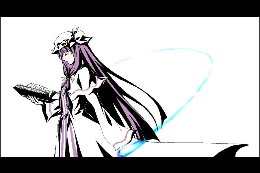 masato (stealth wind second), patchouli knowledge, touhou, 1girl, closed eyes, female focus, hat, letterboxed, mob cap, oekaki, purple hair, reading, simple background, solo, standing, white background